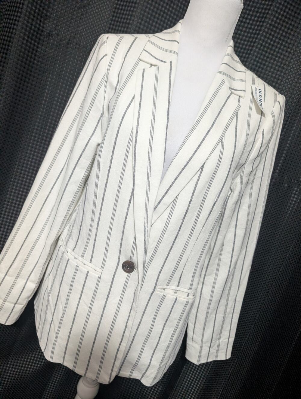 NWT@$55! OLD NAVY! LINEN BLEND, CREAM & BLACK STRIPED LONG LAPEL BLAZER! SZ M